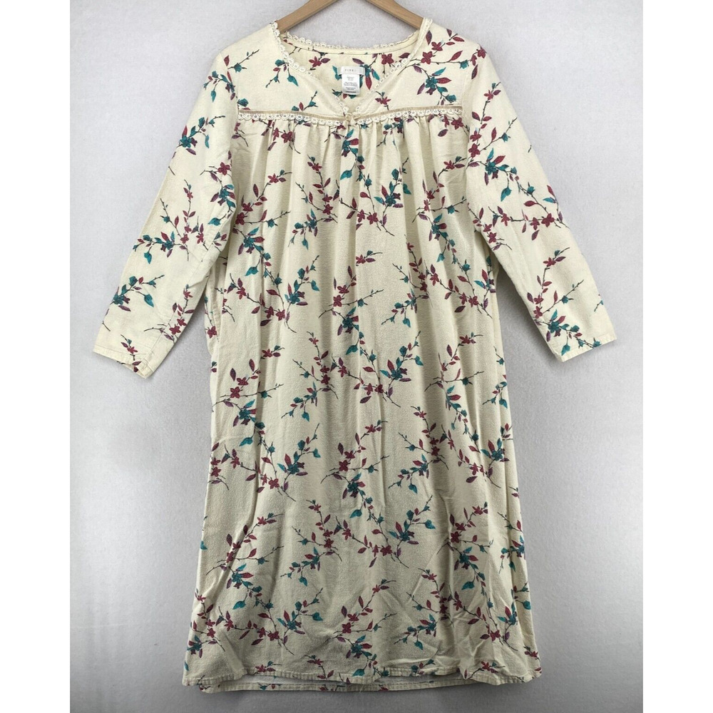 PINK K Nightgown L Vintage K MART Flannel Floral Sleepwear Cotton Off White